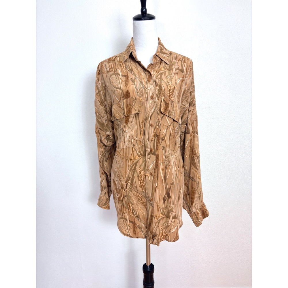 Y2K Vintage 100% Silk Wheat & Deer Camo Button Up Shirt Size 14 Western Country